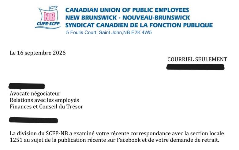 Réponse du SCFP-N.-B. aux demandes du négociateur principal visant le retrait d’une publication d’information destinée aux membres.