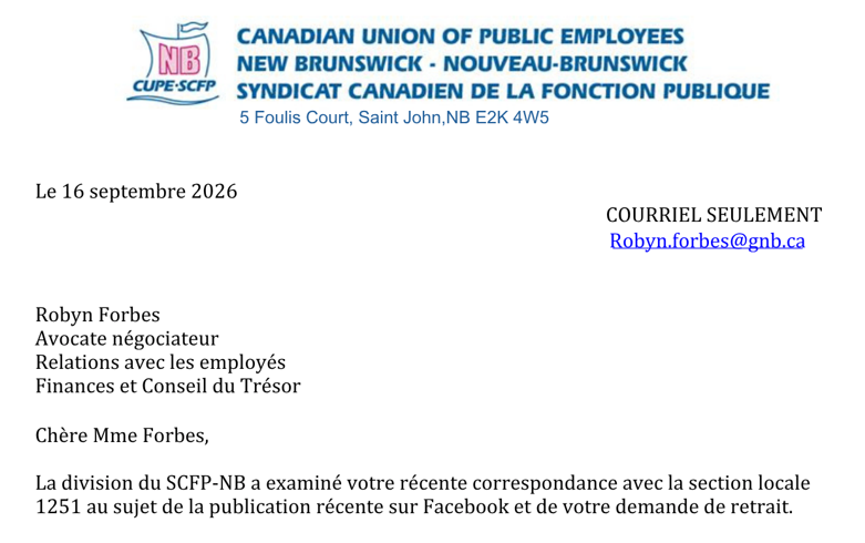 Réponse du SCFP-N.-B. aux demandes du négociateur principal visant le retrait d’une publication d’information destinée aux membres.